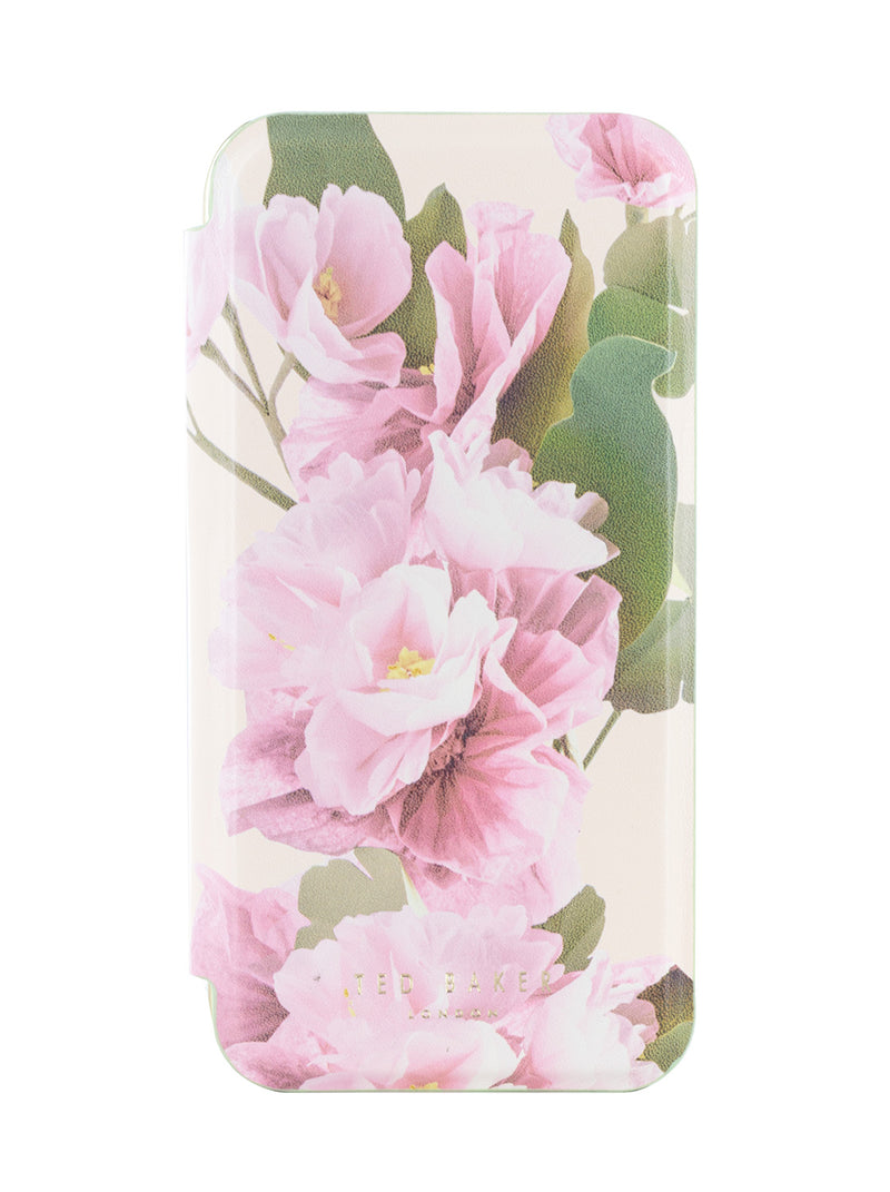 Ted Baker LIRION Cream Flower Placement Mirror Folio Phone Case for iPhone 14 Pro Green Gold Shell