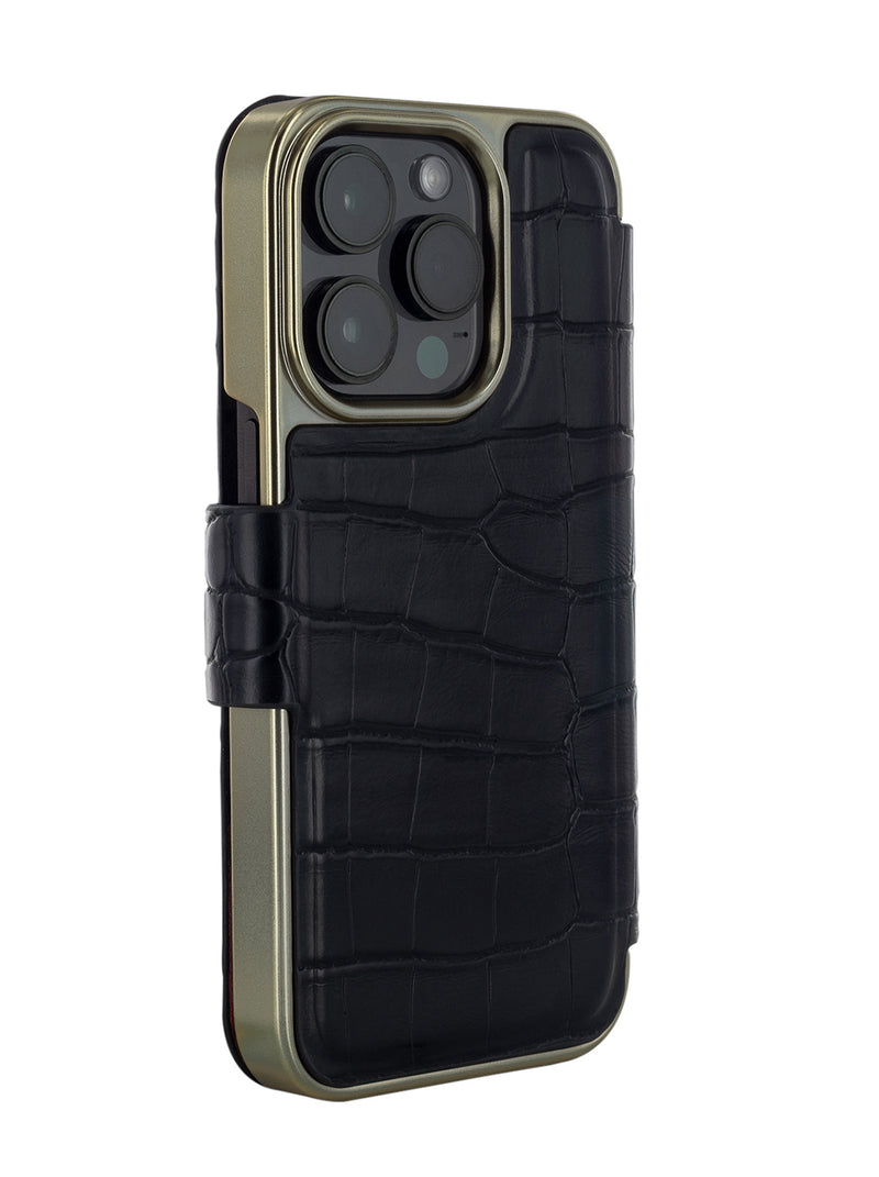Ted Baker KHAILS Black Croc Dual Card Slot Mirror Folio Phone Case for iPhone 14 Pro Gold Shell
