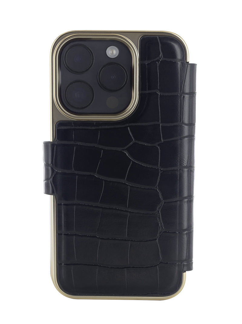 Ted Baker KHAILS Black Croc Dual Card Slot Mirror Folio Phone Case for iPhone 14 Pro Gold Shell