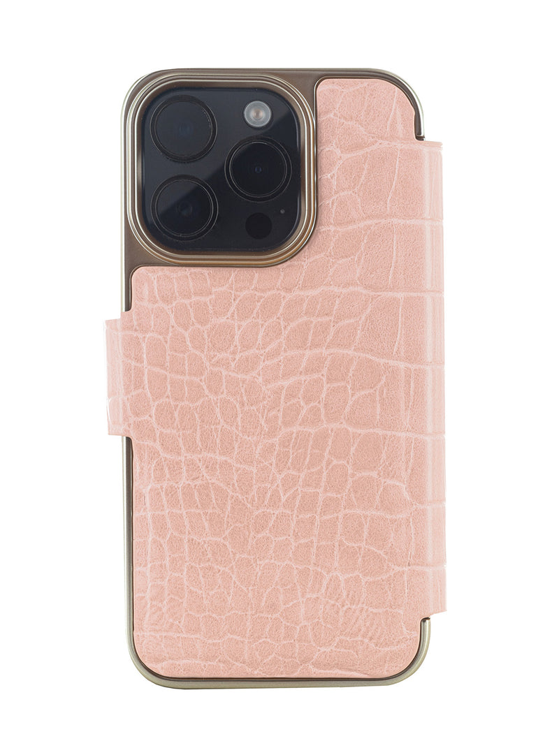 Ted Baker KHAILS Pink Croc Dual Card Slot Folio Phone Case for iPhone 14 Pro Gold Shell