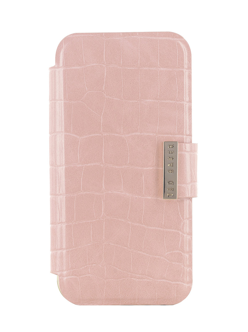 Ted Baker KHAILS Pink Croc Dual Card Slot Folio Phone Case for iPhone 14 Pro Gold Shell