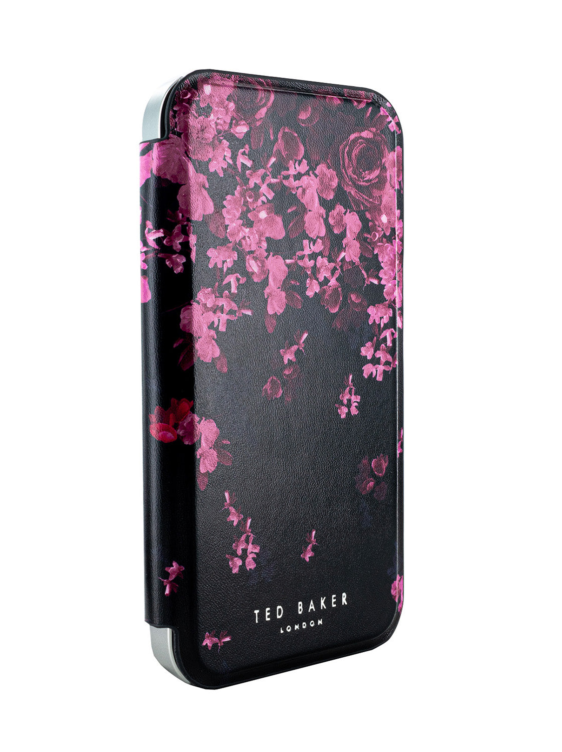 Ted Baker ANEMOY Black Flower Border Mirror Folio Phone Case for iPhone 14 Silver Shell