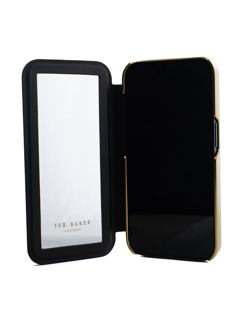 Ted Baker GLADIAL Black Paper Flowers Mirror Folio Phone Case for iPhone 13 Gold Shell