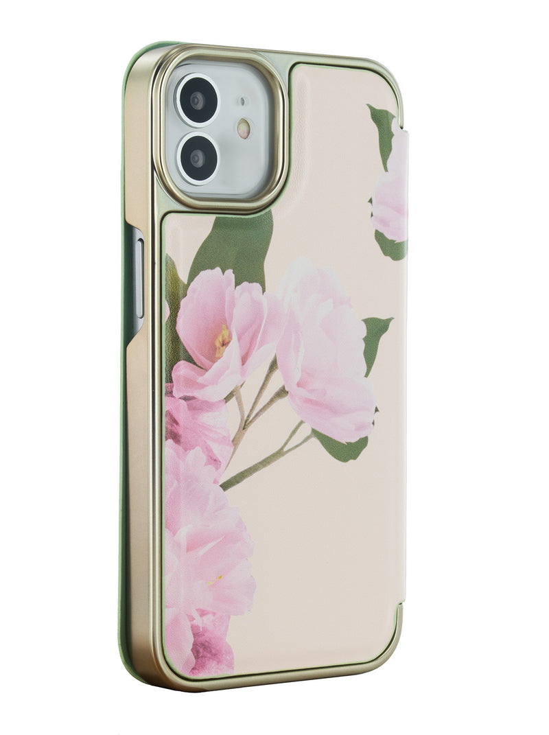 Ted Baker LIRIOS Cream Flower Placement Mirror Folio Phone Case for iPhone 12 Green Gold Shell