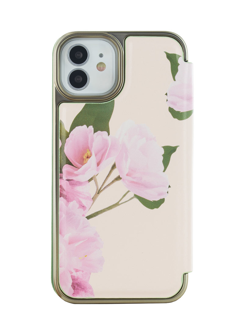 Ted Baker LIRIOS Cream Flower Placement Mirror Folio Phone Case for iPhone 12 Green Gold Shell