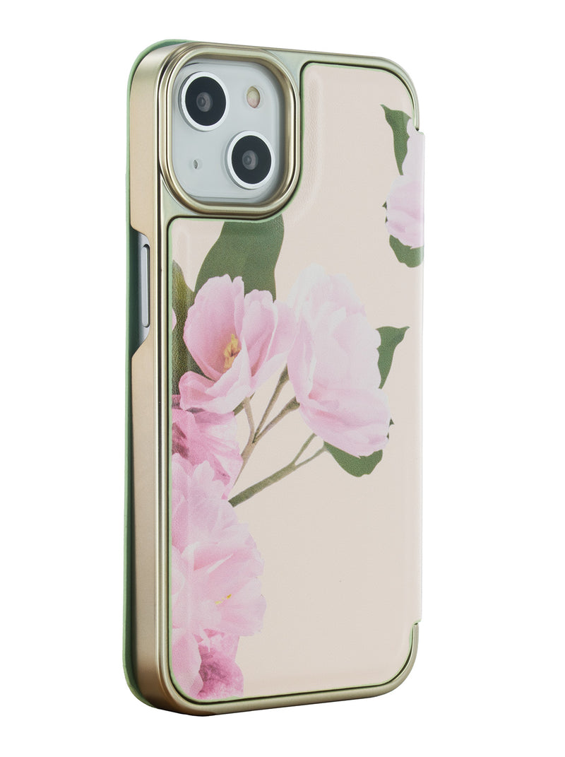 Ted Baker LIRIAS Cream Flower Placement Mirror Folio Phone Case for iPhone 13 Green Gold Shell