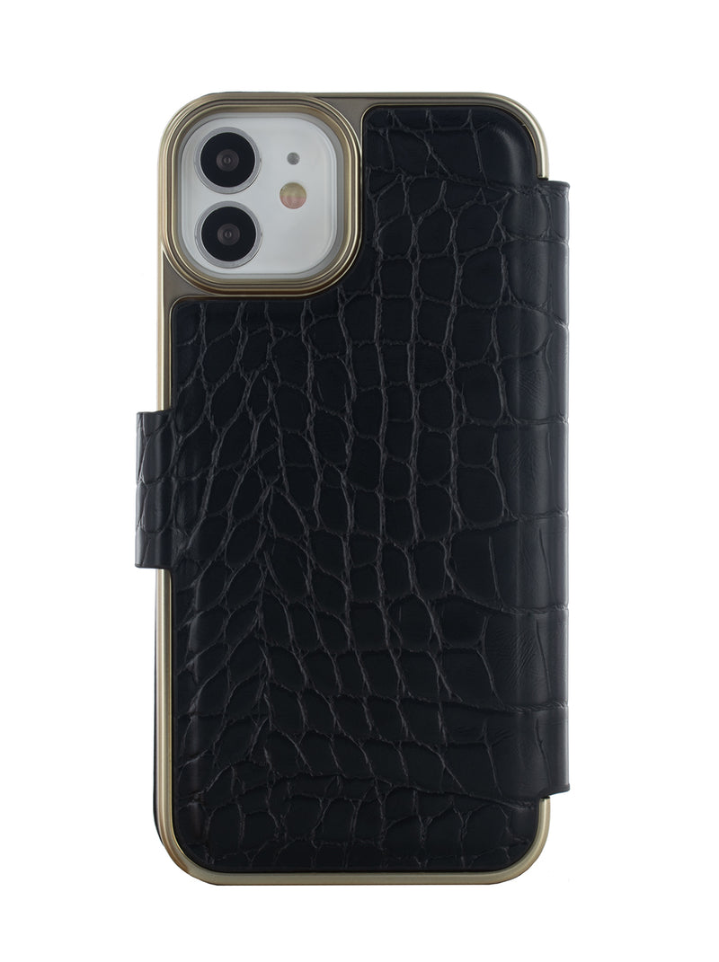 Ted Baker KHAILIA Black Croc Folio Phone Case for iPhone 12 Gold Shell