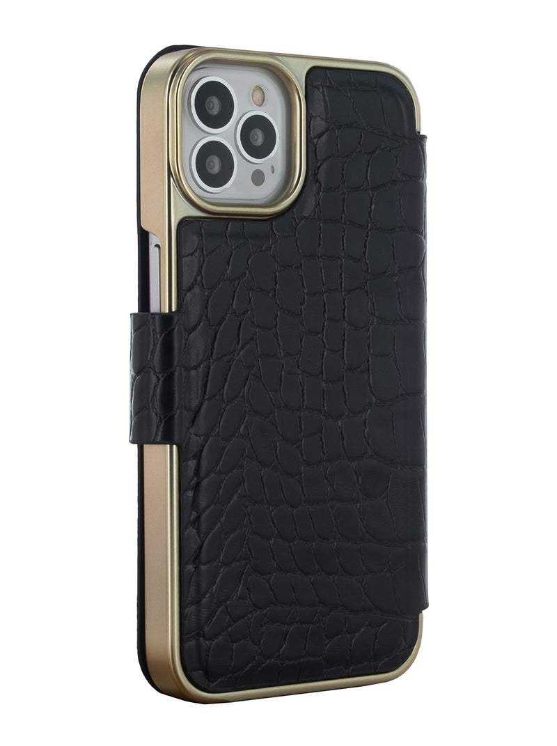 Ted Baker KHAILIA Black Croc Folio Phone Case for iPhone 12 Pro Gold Shell