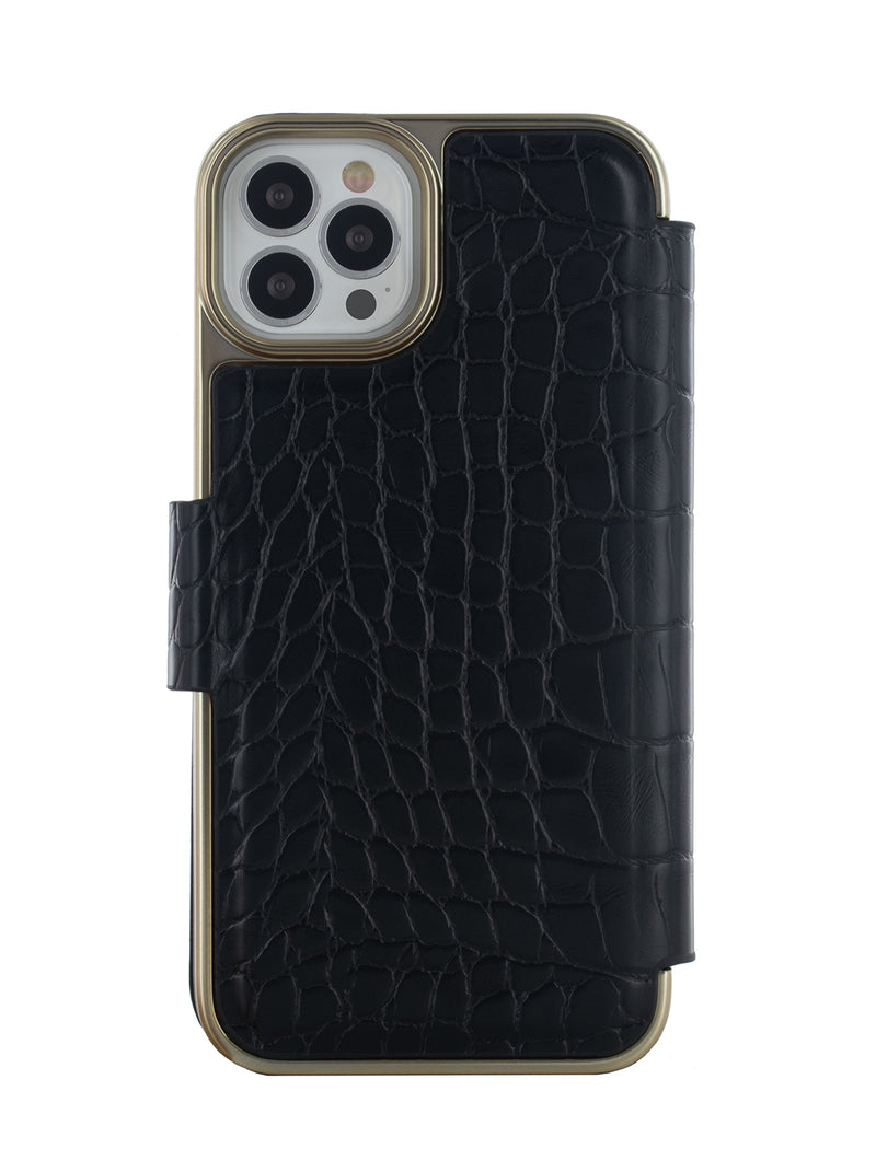 Ted Baker KHAILIA Black Croc Folio Phone Case for iPhone 12 Pro Gold Shell