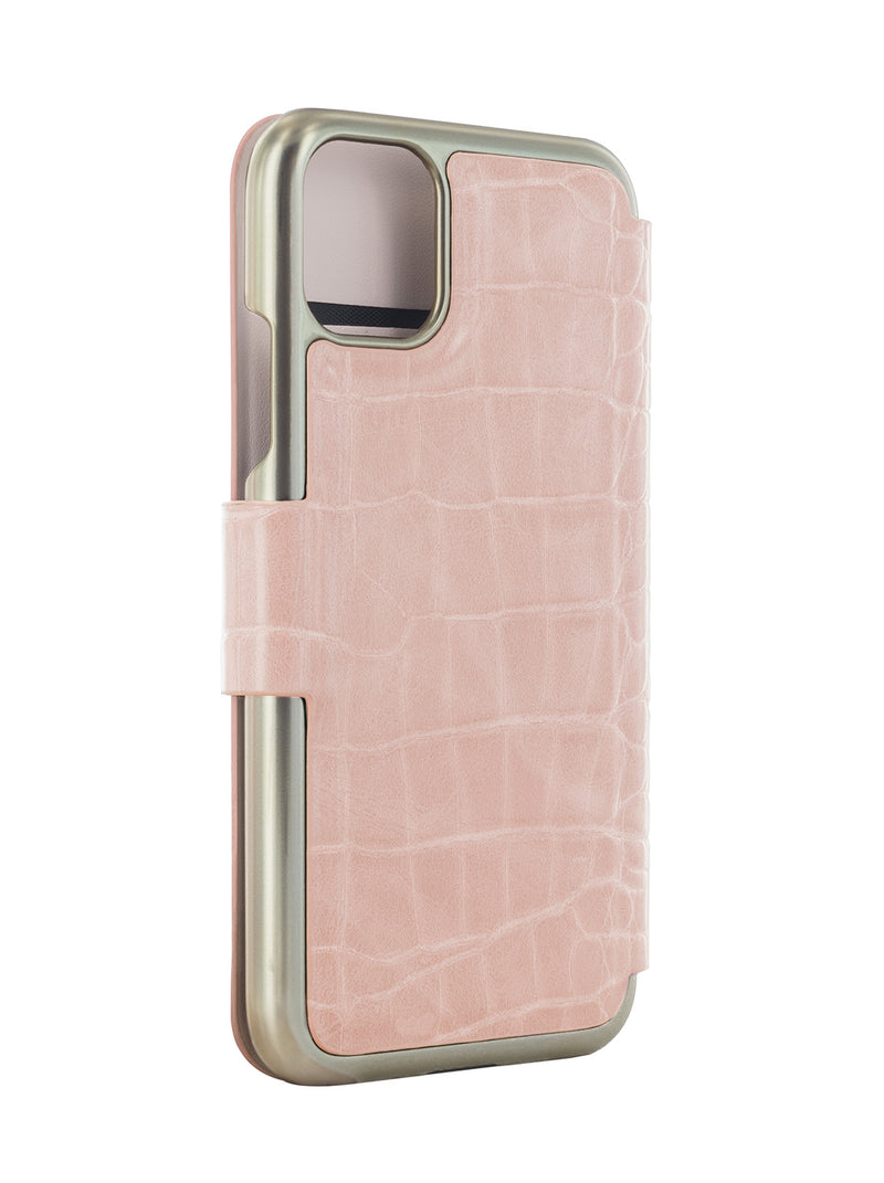 Ted Baker KHAILI Pink Croc Dual Card Slot Folio Phone Case for iPhone 11 Gold Shell