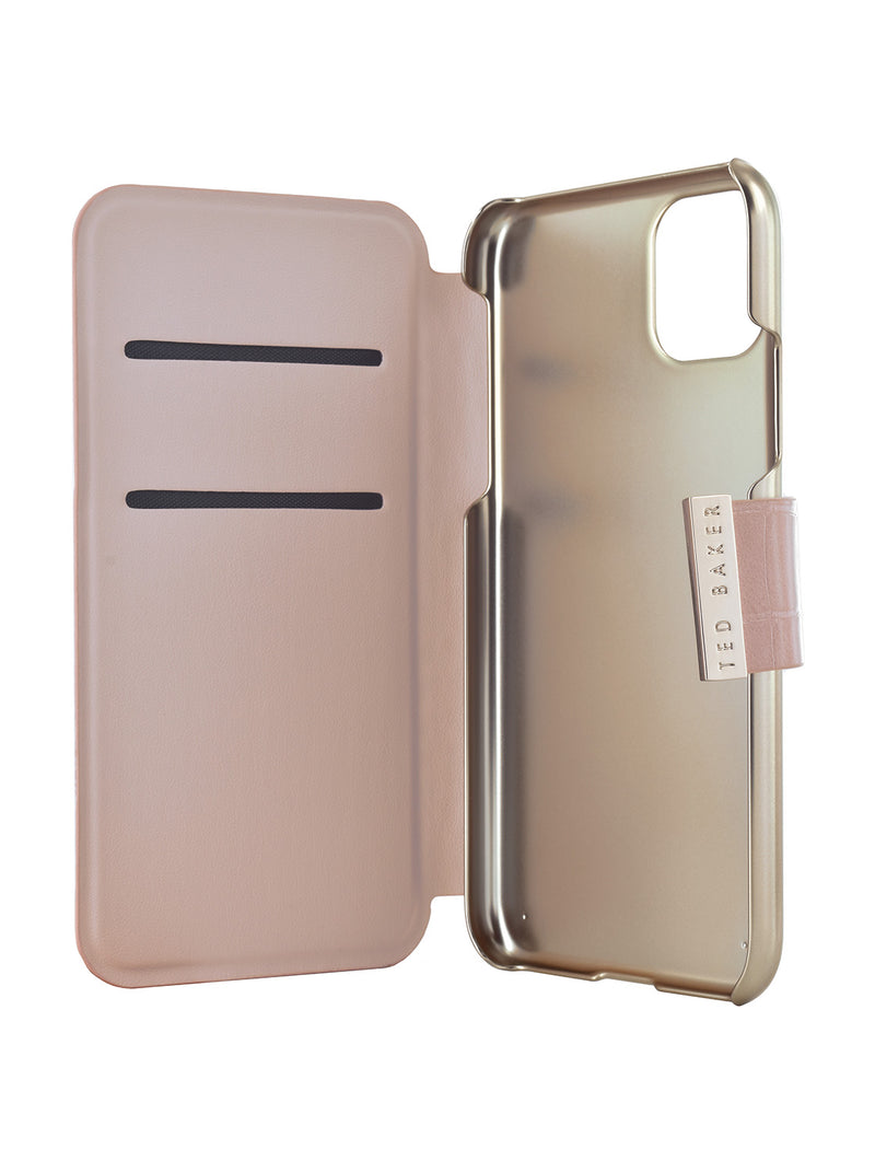 Ted Baker KHAILI Pink Croc Dual Card Slot Folio Phone Case for iPhone 11 Gold Shell