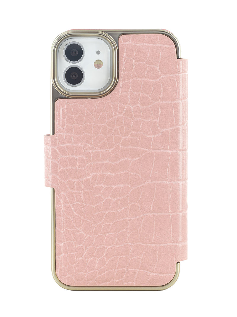 Ted Baker KHAILIA Pink Croc Dual Card Slot Folio Phone Case for iPhone 12 Gold Shell