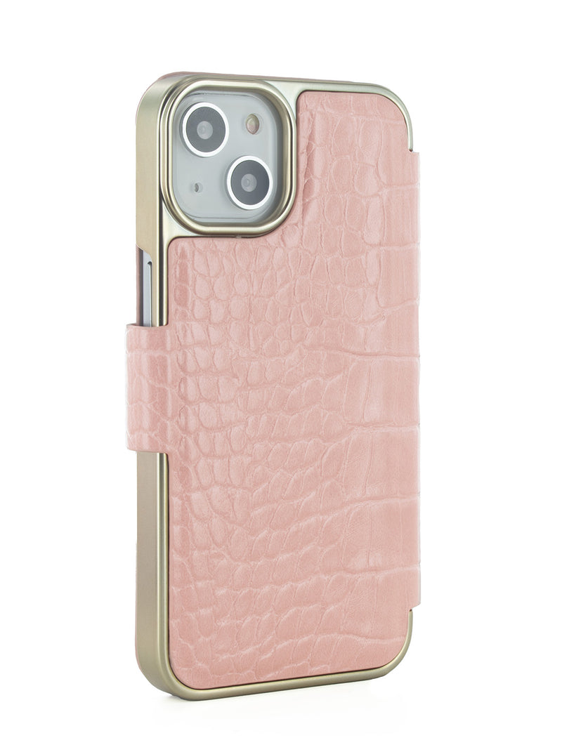 Ted Baker KHAILLY Pink Croc Dual Card Slot Folio Phone Case for iPhone 14 Gold Shell