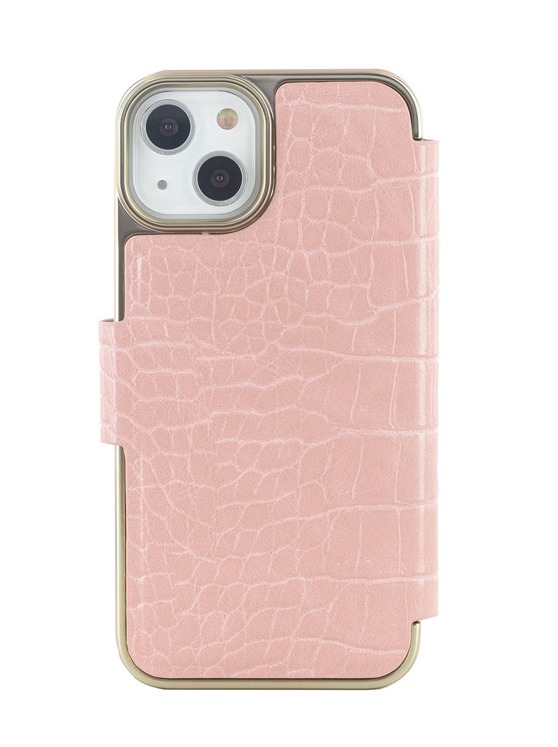 Ted Baker KHAILLY Pink Croc Dual Card Slot Folio Phone Case for iPhone 13 Gold Shell