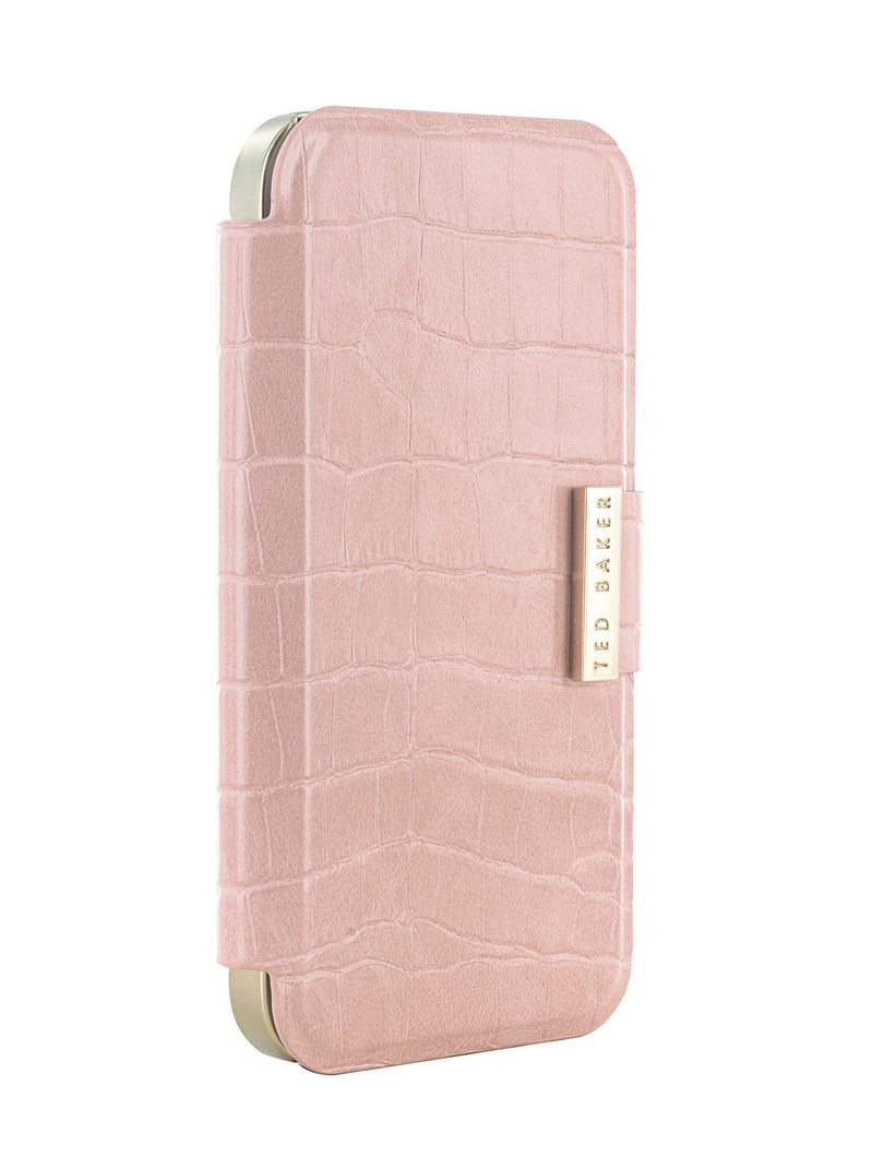 Ted Baker KHAILIM Pink Croc Dual Card Slot Folio Phone Case for iPhone 14 Pro Max Gold Shell