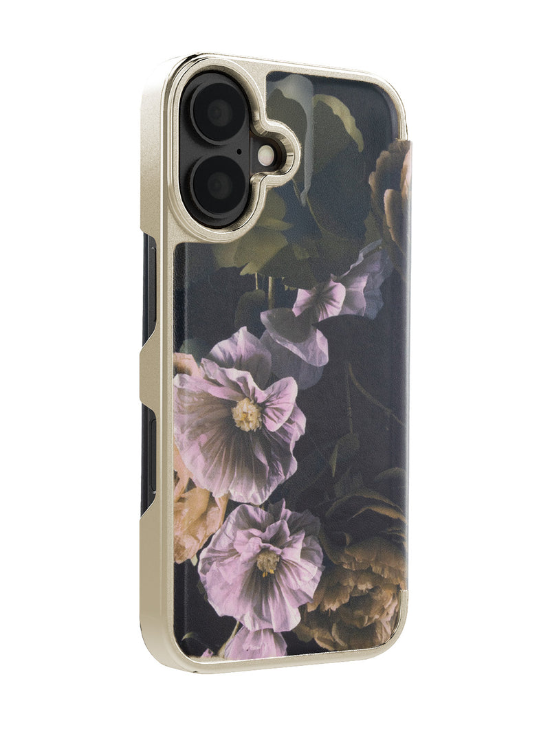 Ted Baker Black Paper Flowers Mirror Folio Phone Case for iPhone 16 Plus Gold Shell