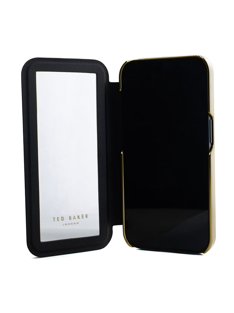Ted Baker Black Paper Flowers Mirror Folio Phone Case for iPhone 16 Plus Gold Shell
