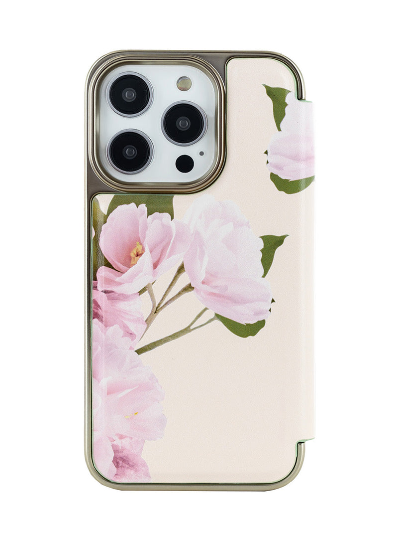 Ted Baker Cream Flower Placement Mirror Folio Phone Case for iPhone 16 Pro Max Gold Shell