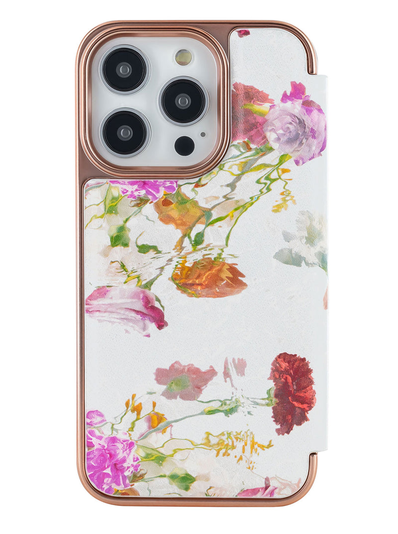 Ted Baker GLADOT Mirror Folio for iPhone 14 Pro Water Floral Grey Rose Gold