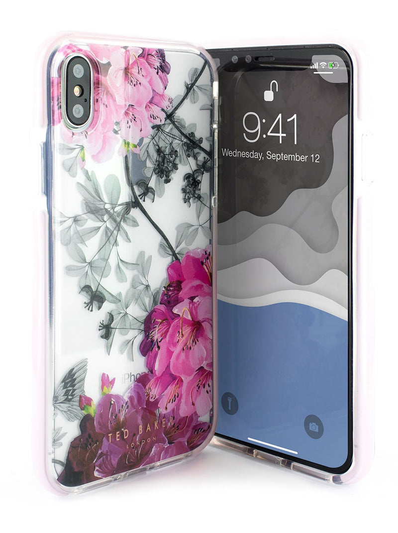 Front and back image of the Ted Baker Apple iPhone XS Max phone case in Clear Print