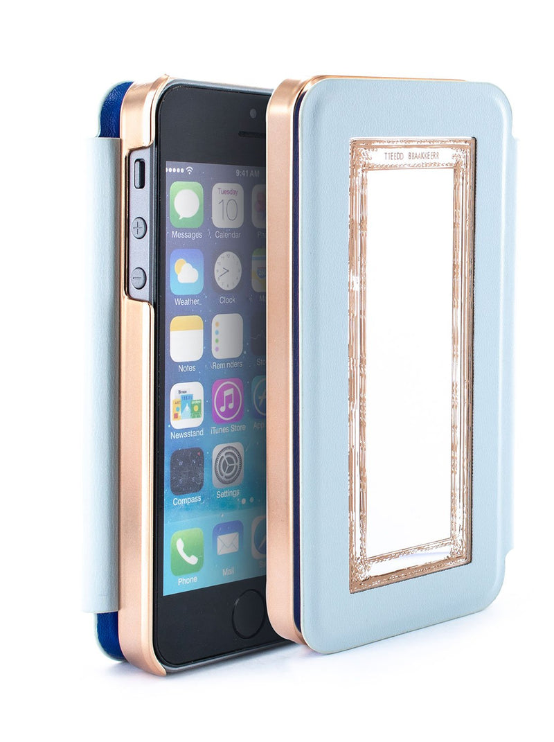 Flip-back front and back image of the Ted Baker Apple iPhone SE / 5 phone case in Blue