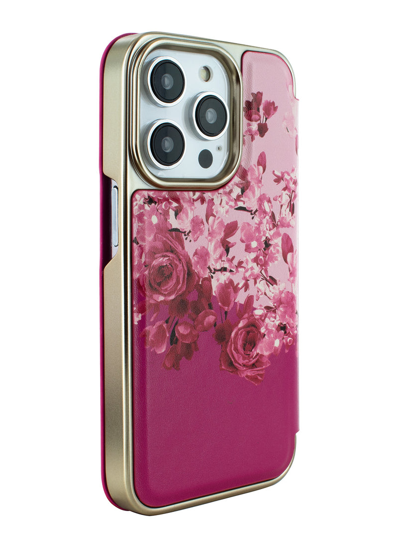 Ted Baker ALSTRY Pink Scattered Flowers Mirror Folio Phone Case for iPhone 14 Pro Gold Shell