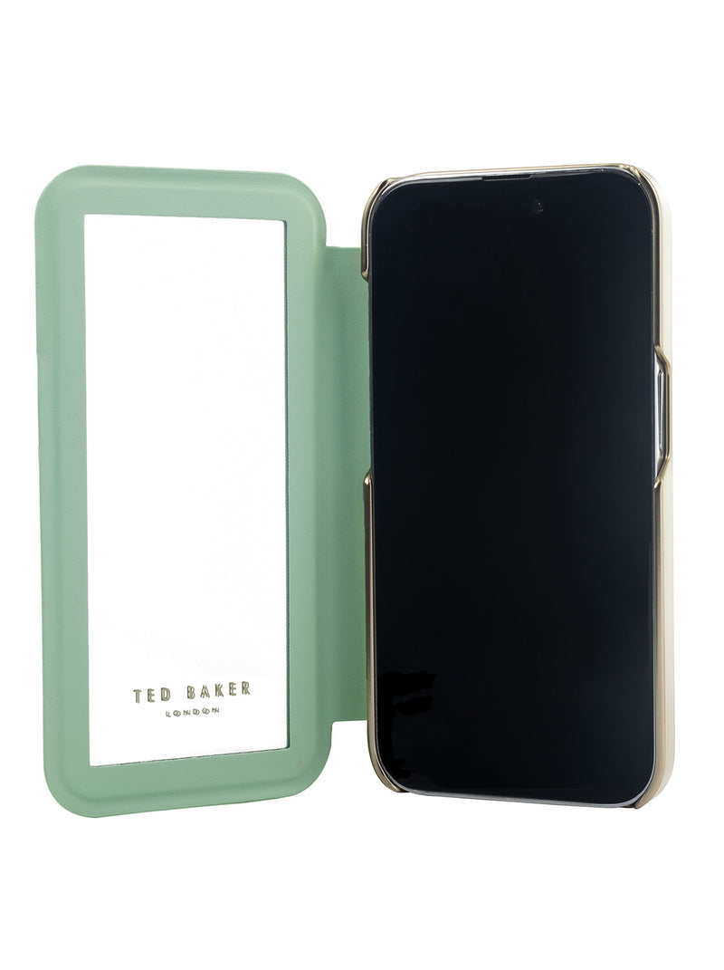 Ted Baker LIRION Cream Flower Placement Mirror Folio Phone Case for iPhone 14 Pro Green Gold Shell