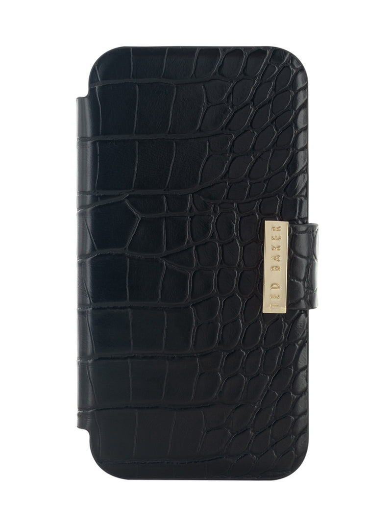 Ted Baker KHAILS Black Croc Dual Card Slot  Mirror Folio Phone Case for iPhone 14 Pro Gold Shell