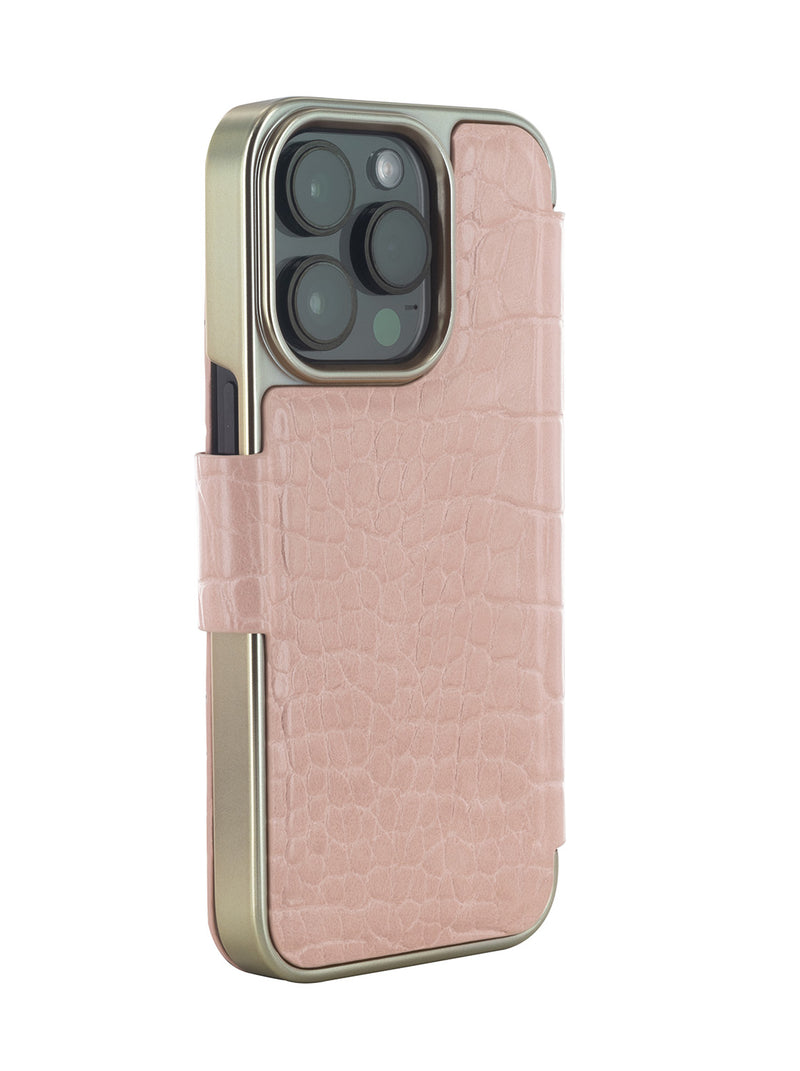 Ted Baker KHAILS Pink Croc Dual Card Slot Folio Phone Case for iPhone 14 Pro Gold Shell
