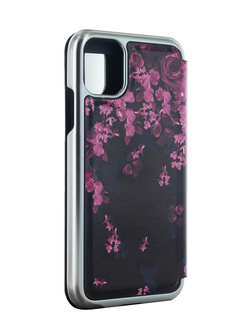 Ted Baker ANEMOI Black Flower Border Mirror Folio Phone Case for iPhone 11 Silver Shell