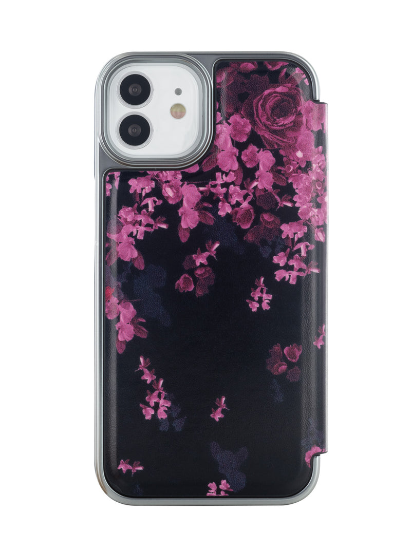 Ted Baker ANEMOIS Black Flower Border Mirror Folio Phone Case for iPhone 12 Silver Shell