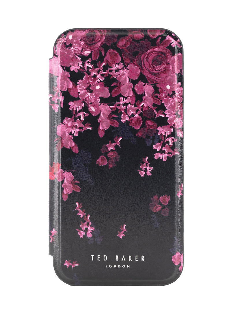 Ted Baker ANEMOIS Black Flower Border Mirror Folio Phone Case for iPhone 12 Silver Shell