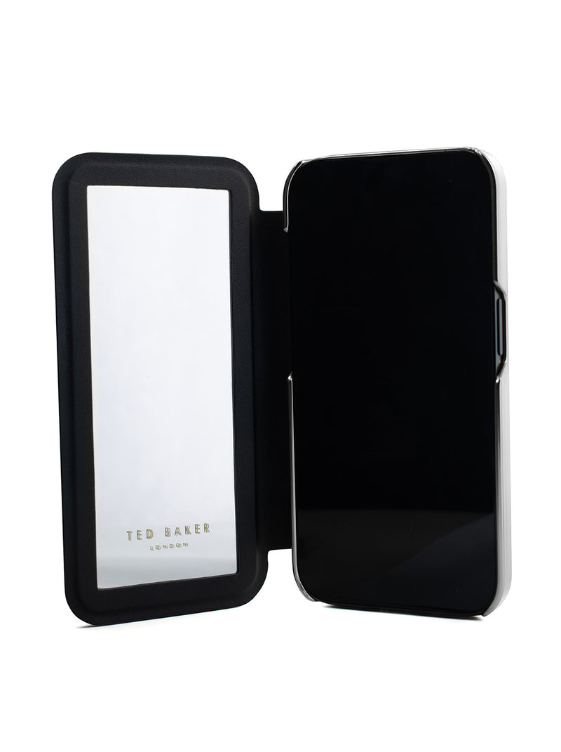 Ted Baker ANEMOIS Black Flower Border Mirror Folio Phone Case for iPhone 12 Silver Shell