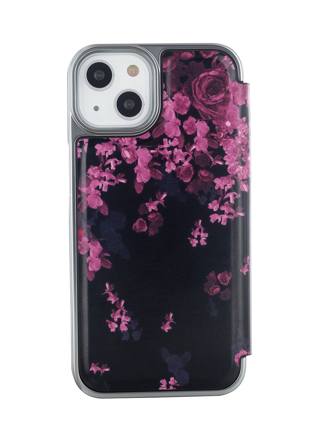 Ted Baker ANEMOY Black Flower Border Mirror Folio Phone Case for iPhone 14 Silver Shell