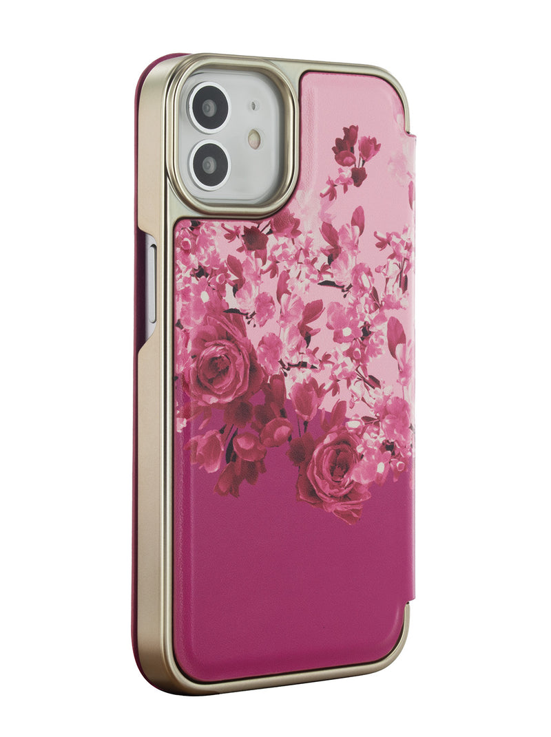 Ted Baker ALSTRIA Pink Scattered Flowers Mirror Folio Phone Case for iPhone 12 Gold Shell