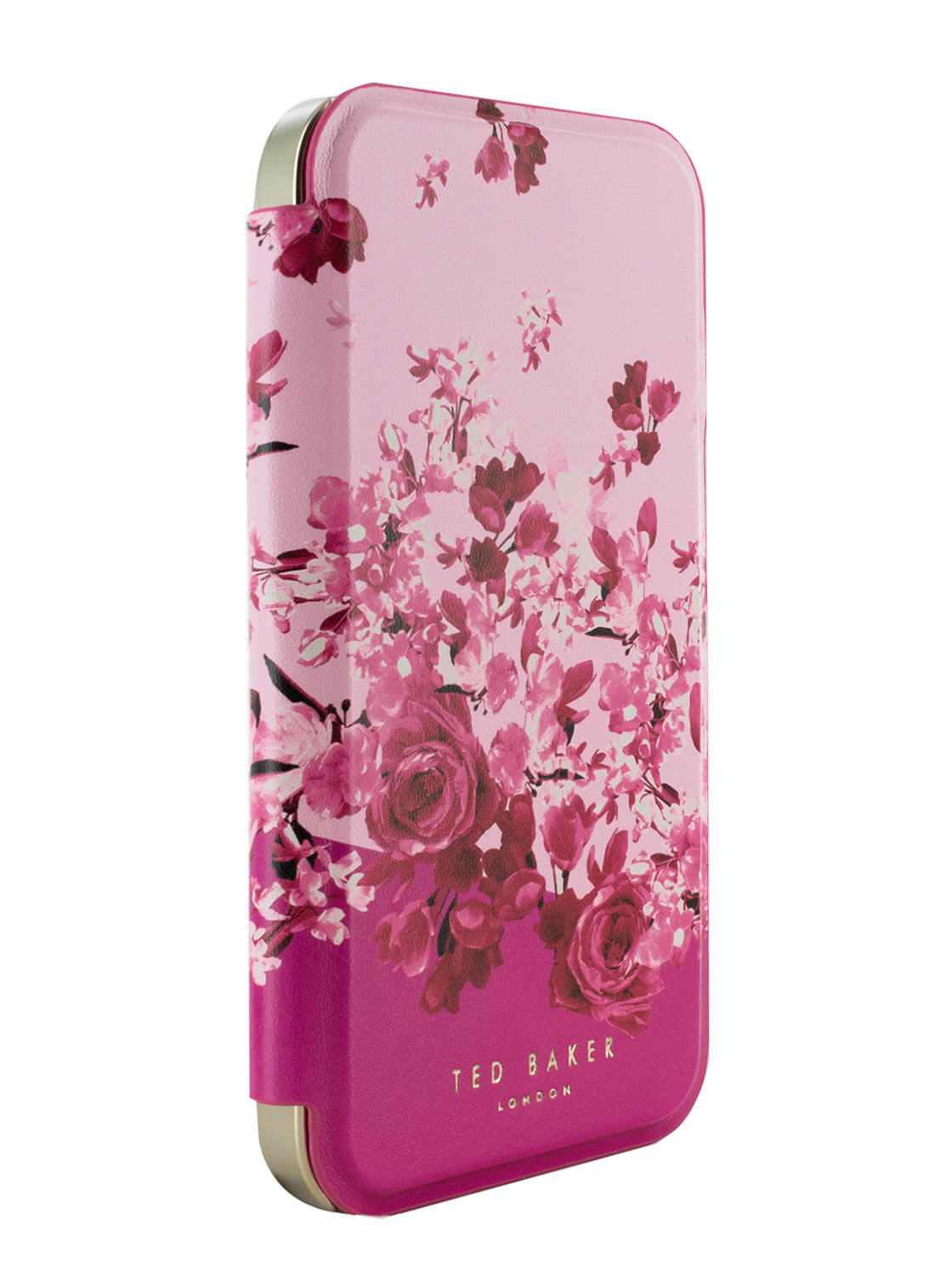 Ted Baker ALSTA Pink Scattered Flowers Mirror Folio Phone Case for iPhone 14 Pro Max Gold Shell