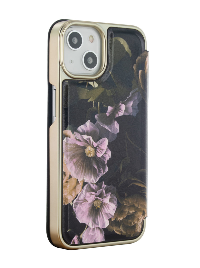 Ted Baker GLADIAL Black Paper Flowers Mirror Folio Phone Case for iPhone 13 Gold Shell