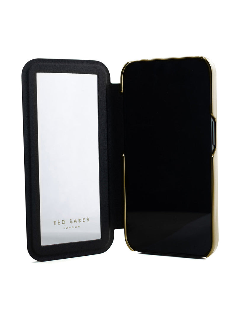 Ted Baker GLADDEE Black Paper Flowers Mirror Folio Phone Case for iPhone 15 Gold Shell