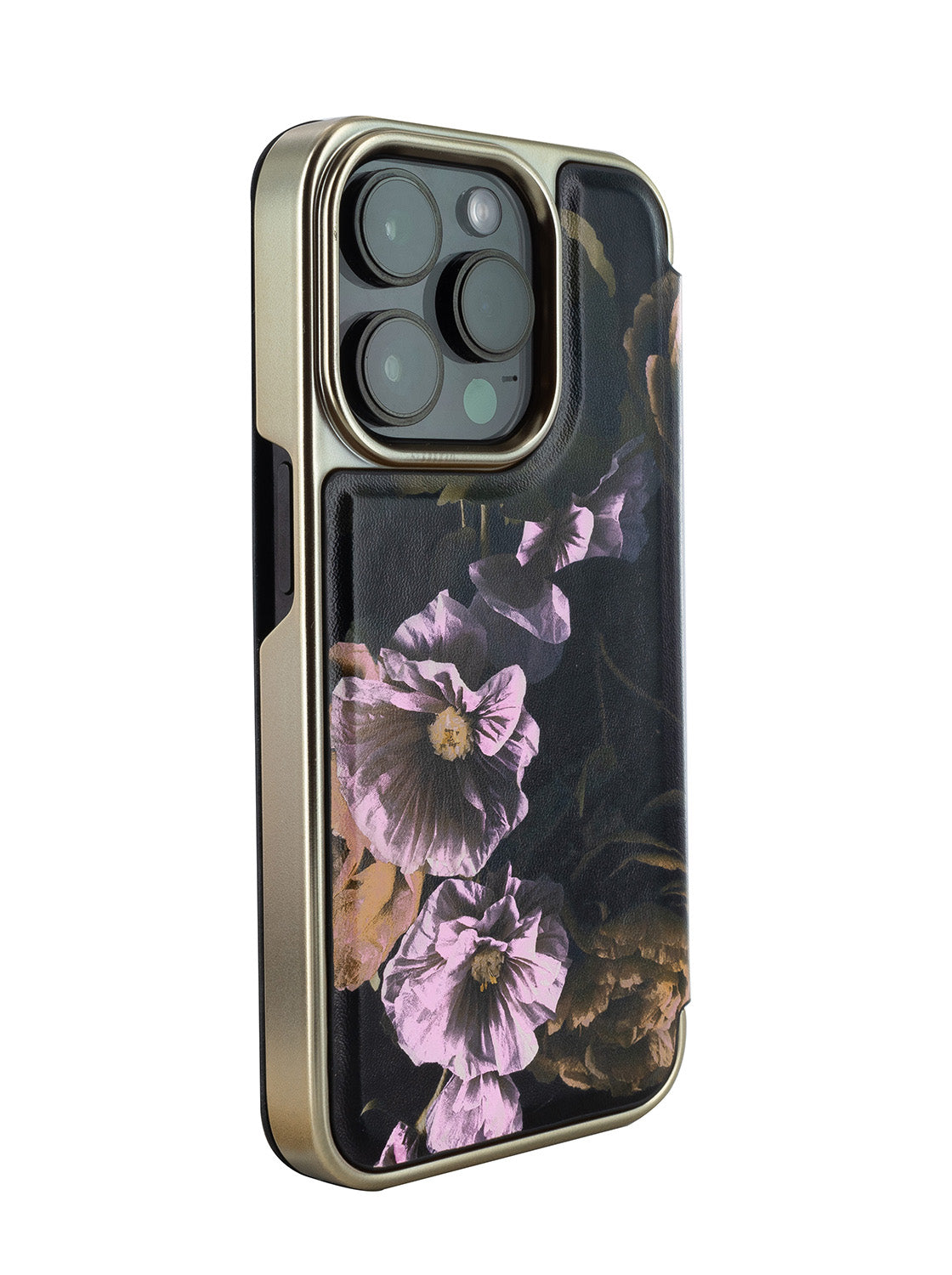 Ted Baker GLADII Black Paper Flowers Mirror Folio Phone Case for iPhone 14 Pro Max Gold Shell