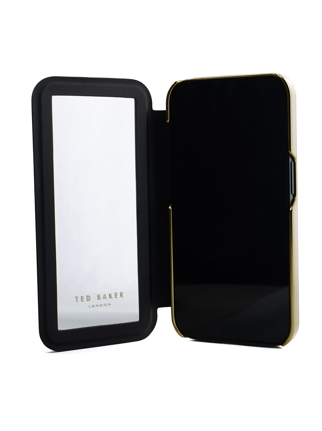 Ted Baker GLADII Black Paper Flowers Mirror Folio Phone Case for iPhone 14 Pro Max Gold Shell