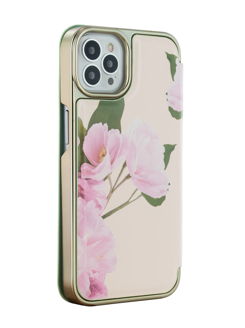 Ted Baker LIRIOS Cream Flower Placement Mirror Folio Phone Case for iPhone 12 Pro Green Gold Shell