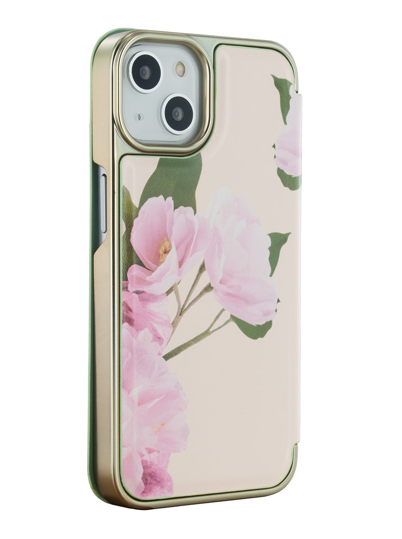 Ted Baker LIRIAS Cream Flower Placement Mirror Folio Phone Case for iPhone 14 Green Gold Shell