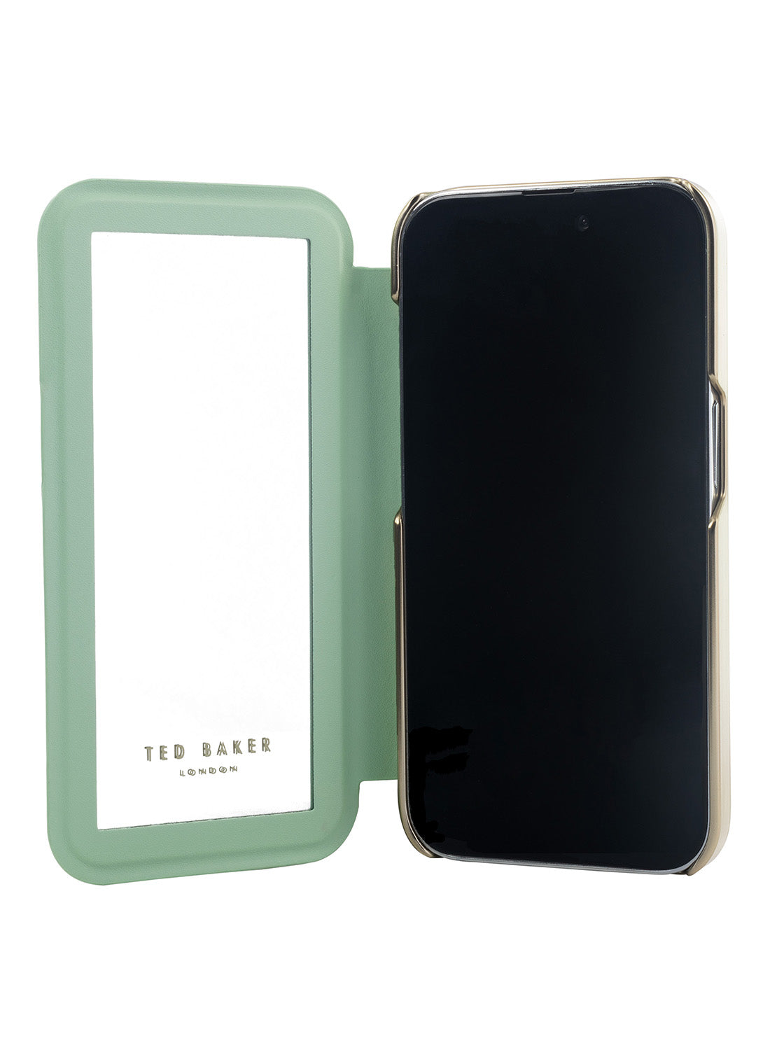 Ted Baker LIRIAS Cream Flower Placement Mirror Folio Phone Case for iPhone 14 Green Gold Shell