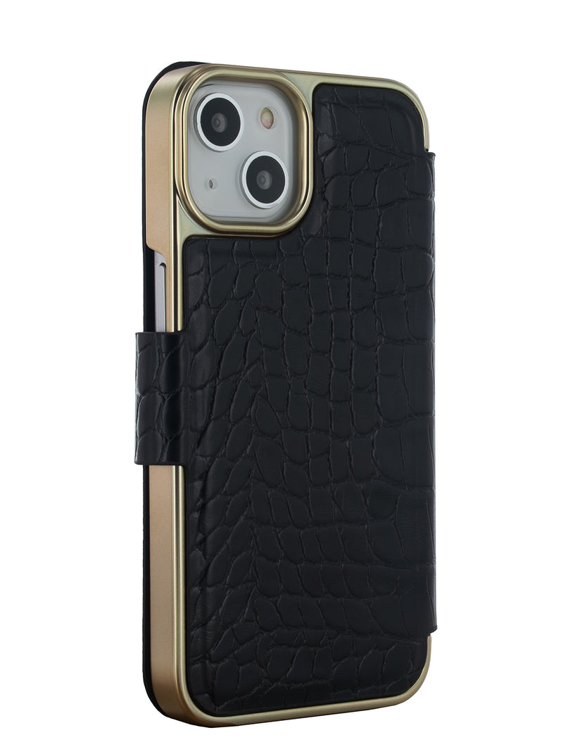 Ted Baker KHAILLY Black Croc Folio Phone Case for iPhone 14 Gold Shell