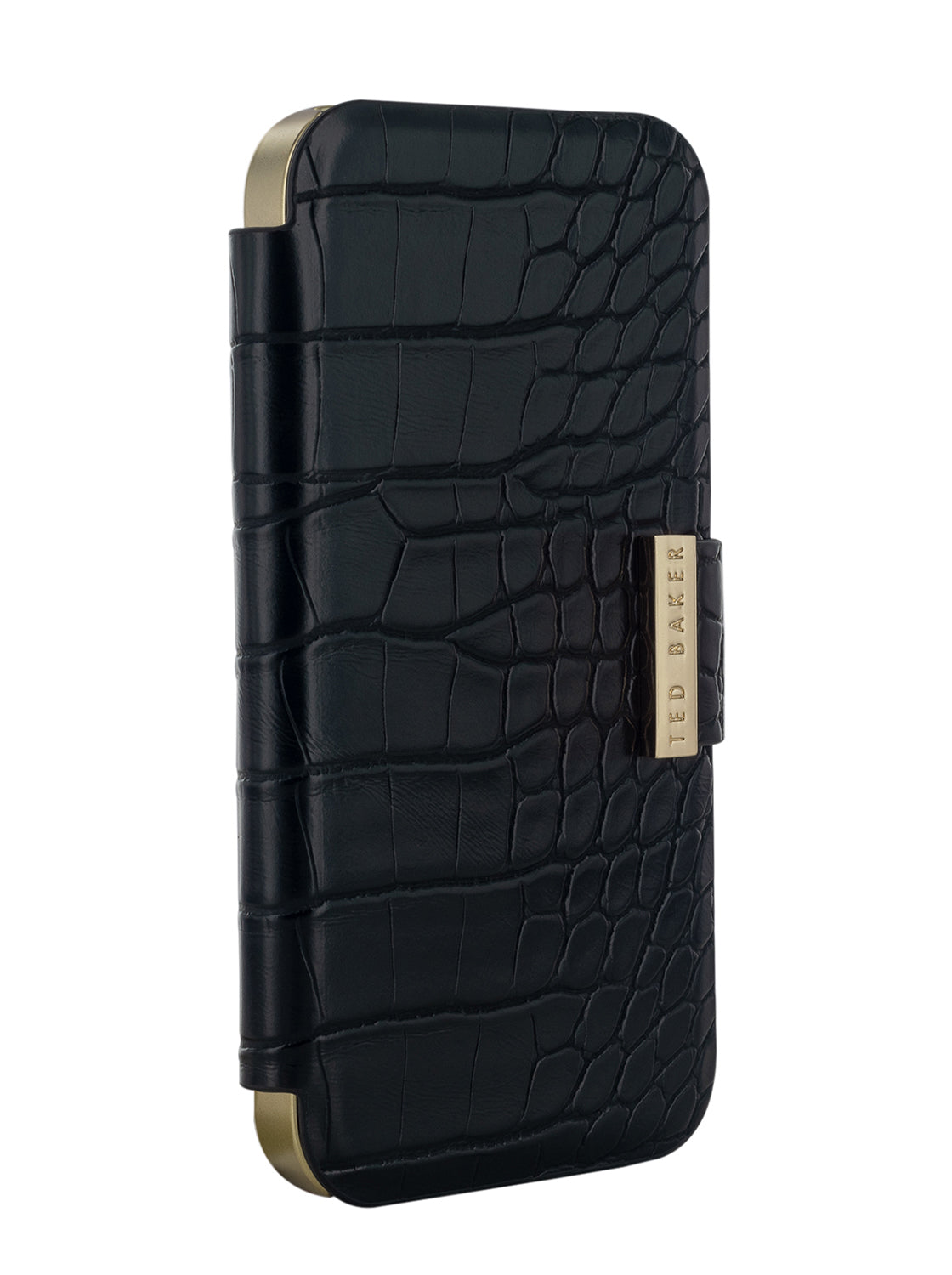 Ted Baker KHAILLY Black Croc Folio Phone Case for iPhone 14 Gold Shell