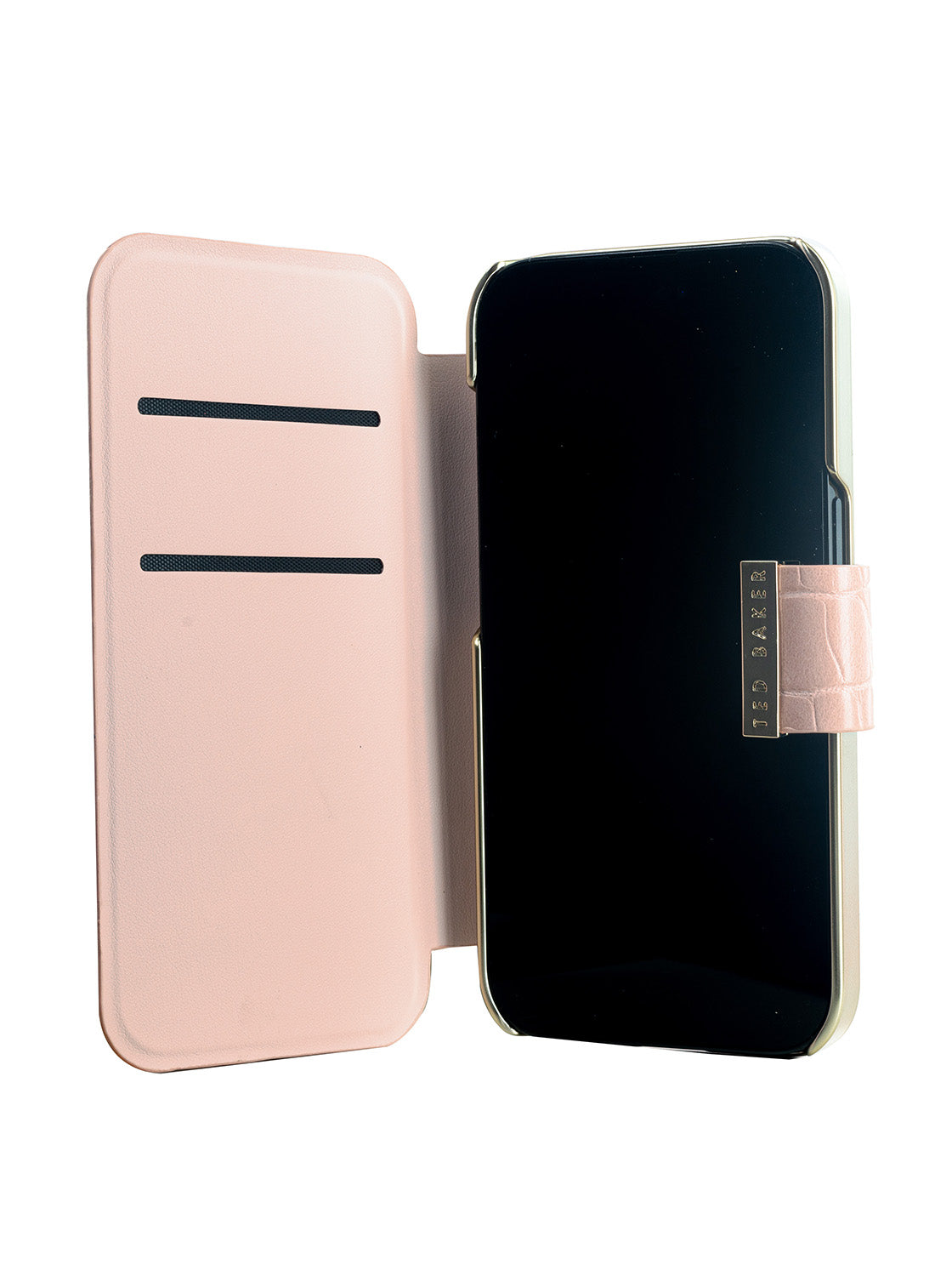 Ted Baker KHAILLY Pink Croc Dual Card Slot Folio Phone Case for iPhone 14 Gold Shell