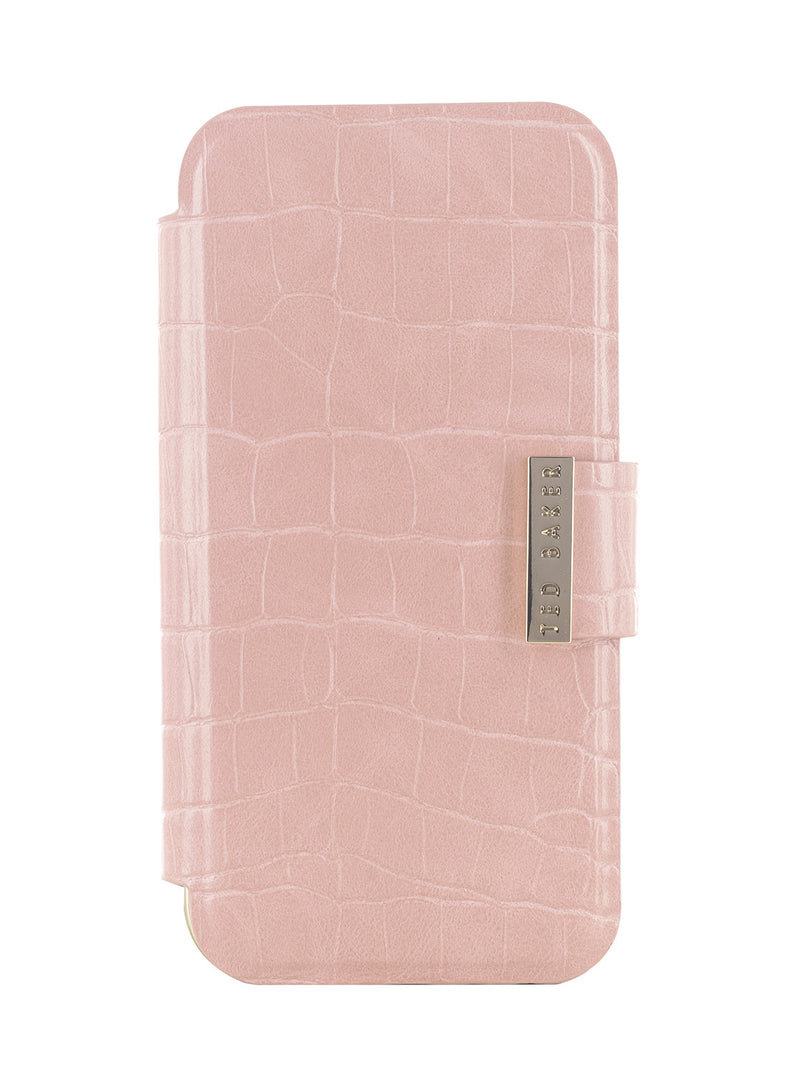 Ted Baker KHAILIM Pink Croc Dual Card Slot Folio Phone Case for iPhone 14 Pro Max Gold Shell