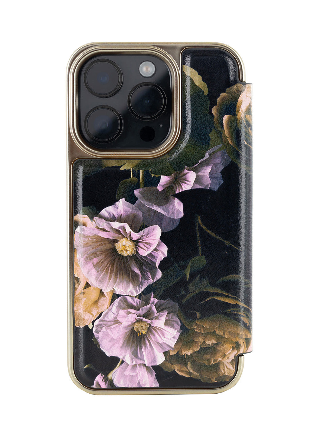 Ted Baker Black Paper Flowers Mirror Folio Phone Case for iPhone 15 Pro Max Gold Shell