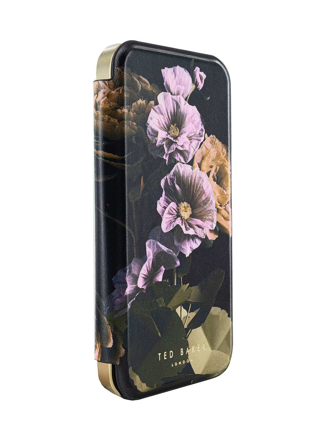 Ted Baker Black Paper Flowers Mirror Folio Phone Case for iPhone 15 Pro Max Gold Shell