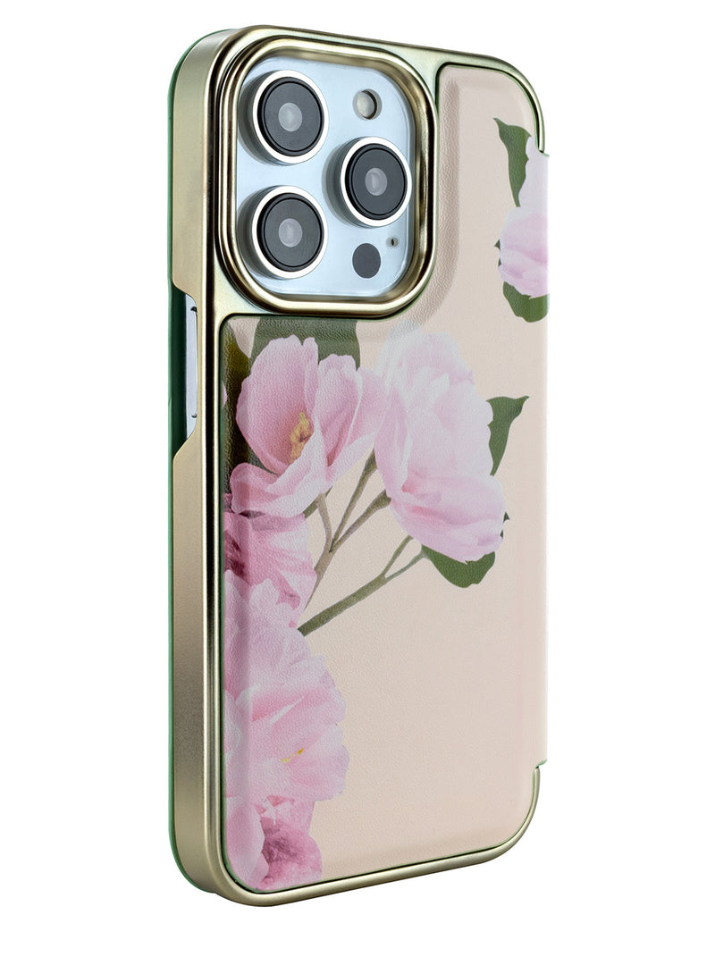Ted Baker Cream Flower Placement Mirror Folio Phone Case for iPhone 15 Pro Max Green Gold Shell